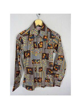 Vintage Ng Kee Patchwork Floral Gingham Disco Shirt Orange Retro 70s Woman S